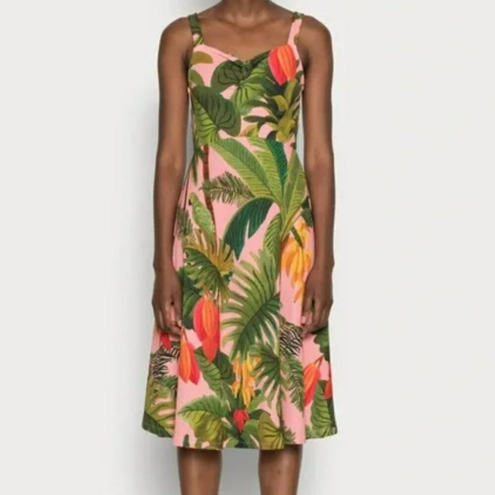 FARM RIO Pink Cocoa Forest A-Line Ribbed Jersey Dress S NWT